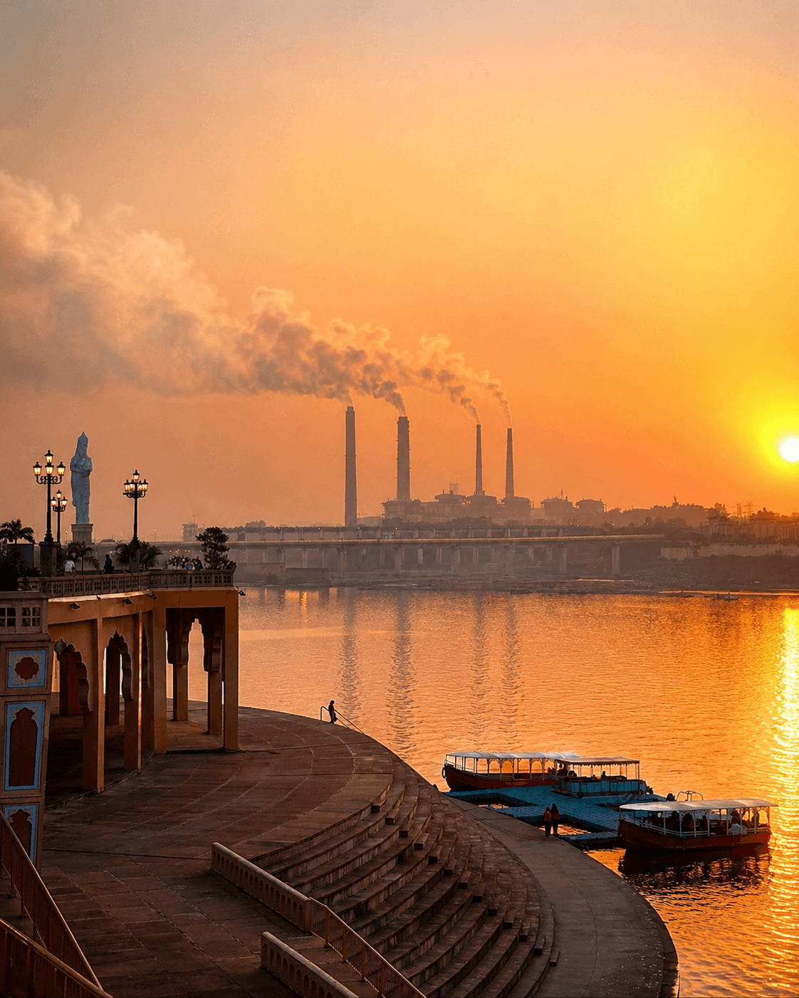 A wooden safari boat on the calm teal Chambal river between golden ravine cliffs
