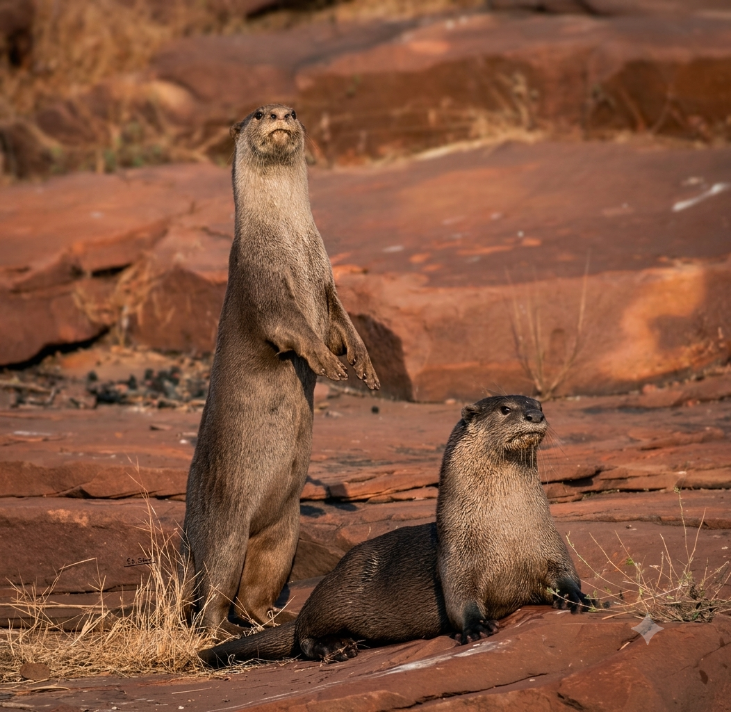 A family of smooth-coated otters swimming in green water