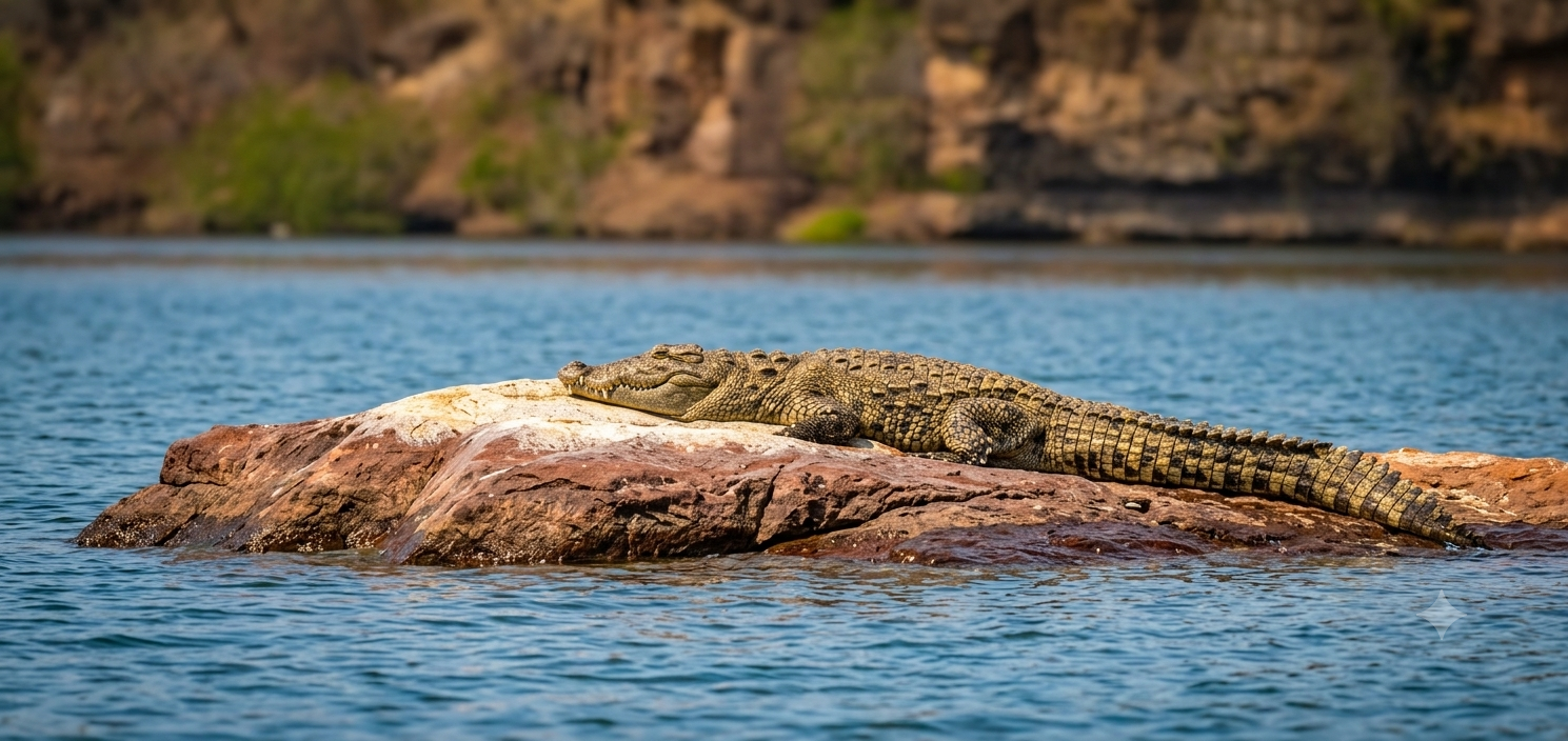 A safari boat gliding through the Chambal river gorge between sandstone cliffs